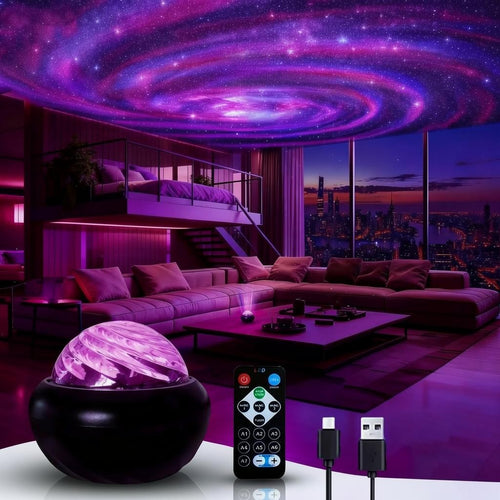 Rixis Supply black LED galaxy projector creating a purple and blue swirling starry sky effect in a modern living room