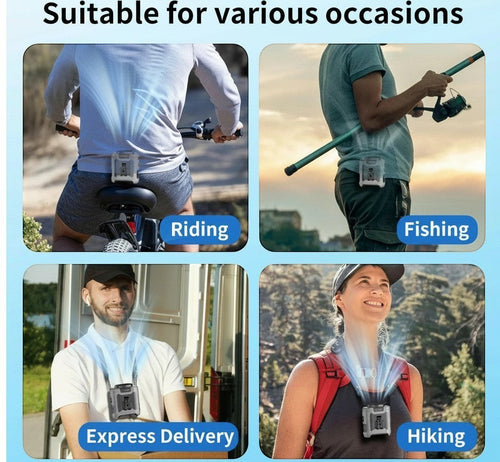 Rixis Supply portable 360 waist fan worn by people while cycling, fishing, delivering packages, and hiking outdoors.